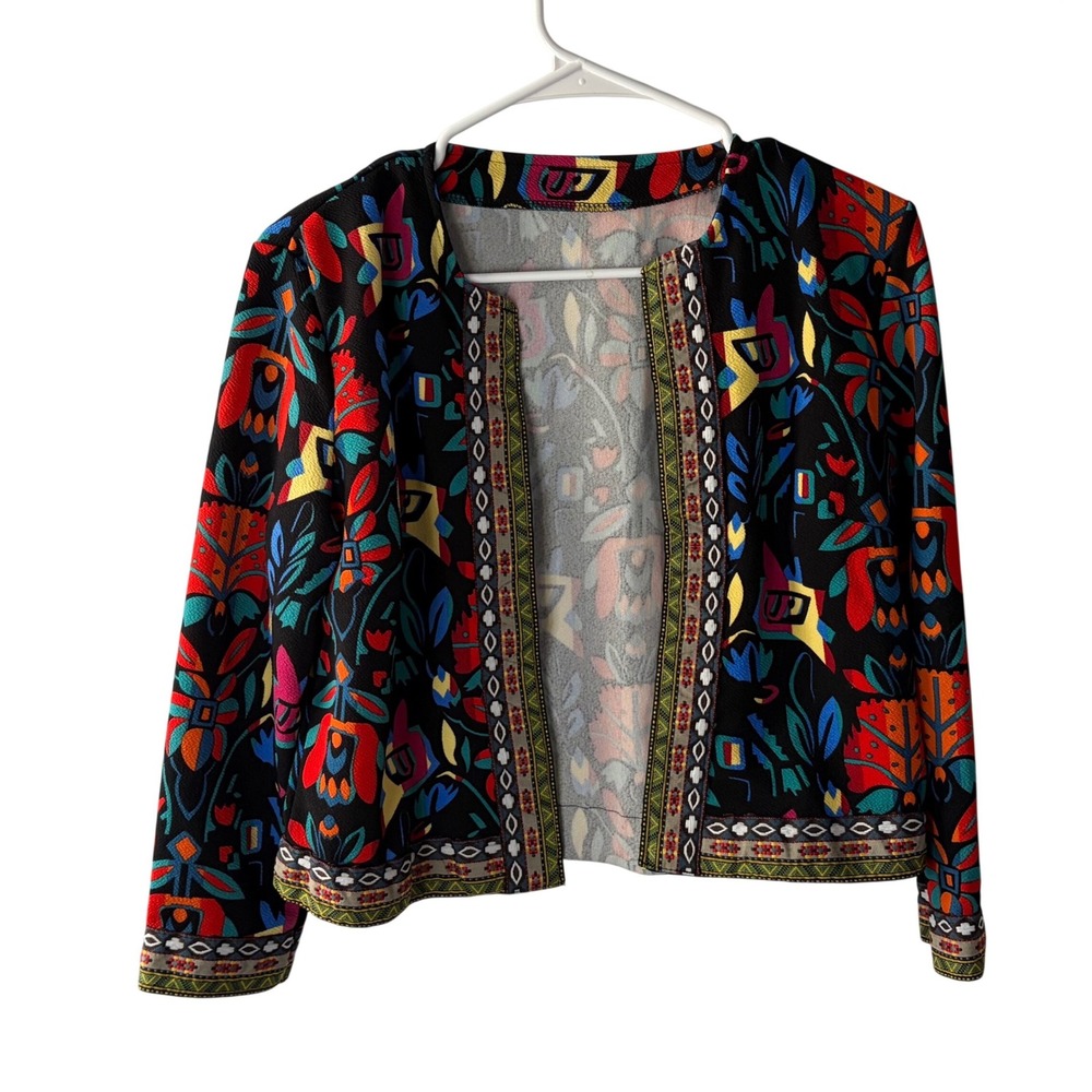 SHEIN Womens Large Floral Geometric Print Open Front Cropped Jacket Black Multi